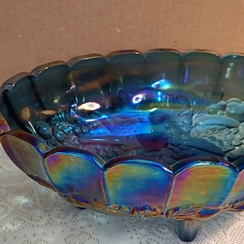 Vintage Iridescent Blue Carnival Glass Centerpiece Bowl